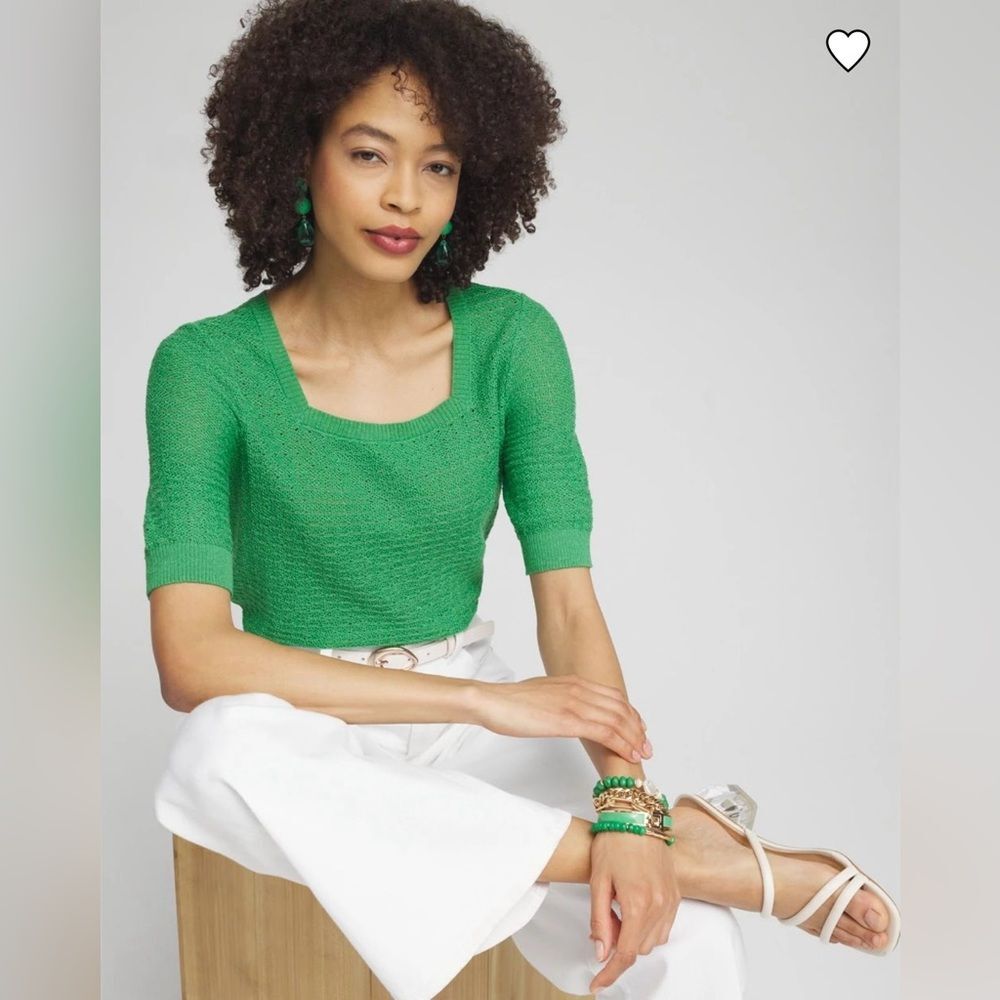 Chico’s Linen Blend Square Neck Pullover Top SZ 4 US XXL Elbow Sleeve Green